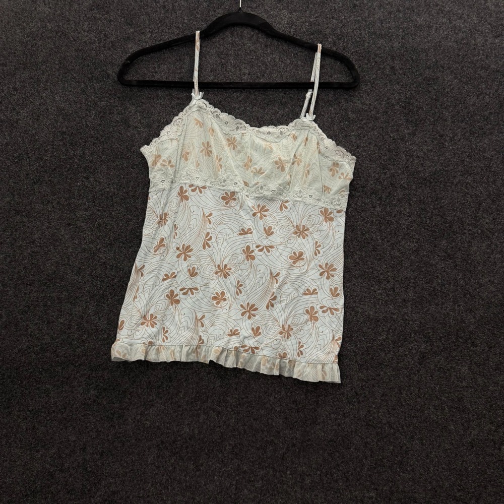 Apt. 9 Intimates Vintage Floral Lace Trim Camisole Top Blue Brown Ruffle Hem M
